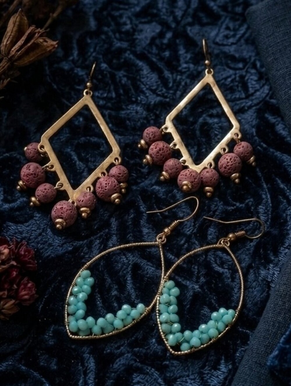 2 Pair Gold Tone Beaded Boho Dangle Beaded Earrings